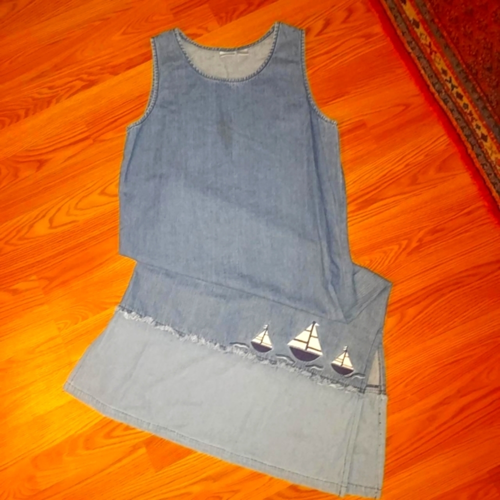 Sleeveless Vintage Denim Maxi Dress with Sailboat Embroidery